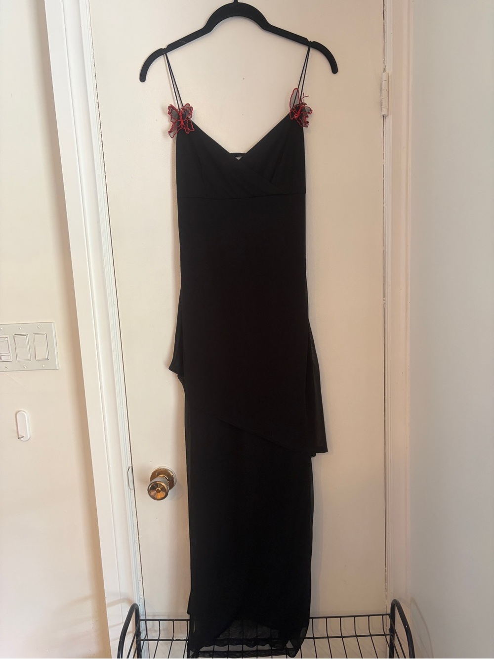 Y2K Black Spaghetti-Strap layered mesh Evening Dress with Red butterfly Accent